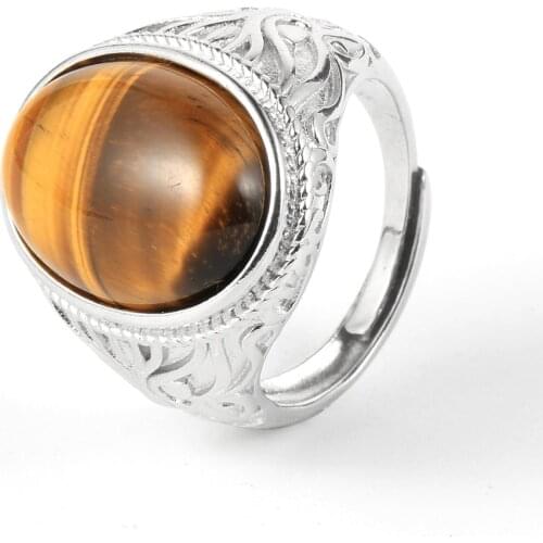 Women Men Natural Gem Stone Tiger Eye Turquoises Ring Blue Agates Opal Silver Plated Open Resizable Wedding Finger Rings Jewelry