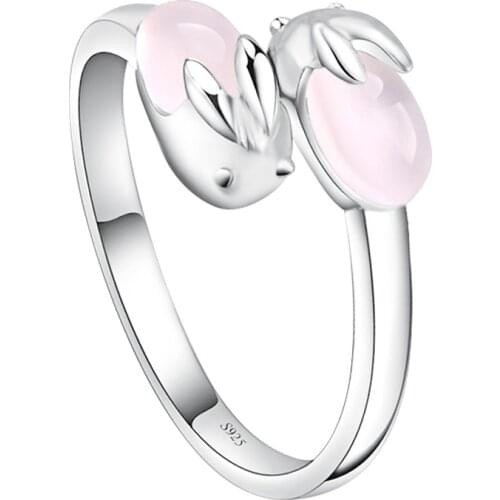 ModaOne 925 Sterling Silver Cute Bunny Open Resizable Natural Stone Ring For Women Korean Fashion Pink Elegant Jewelry Kids
