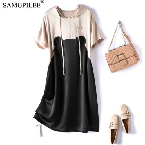 Summer Dress 2021 High-end European New Hooded Stitching Cartoon Pattern Acetate Short Sleeve Knee Length Plus Size Dress Women