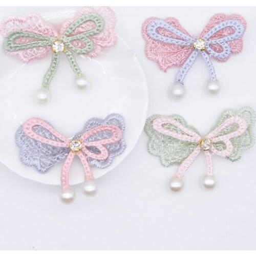 10Pcs Lace Mesh Bowknot Rhinestone Pendant Pearl Applique for DIY Headwear Clothes Hat Patch Leggings Leg Socks Sewing Decor P89