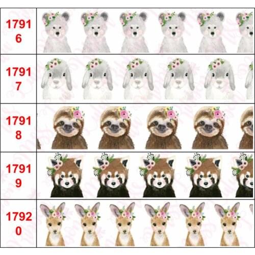 16mm-75mm Animal Series Owl Sheep Rabbit Printed Grosgrain/Foe Ribbon Hair Bowknots Making Cute Deer Elephant 50yards/roll