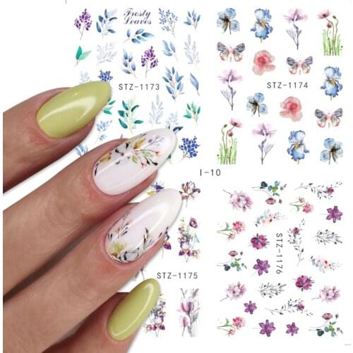 4pcs Watercolor Flower Nail Art Water Decals Ink Leaves Floral Design Nail Stickers Set DIY Gel Manicure Sliders Tattoo GLI-10