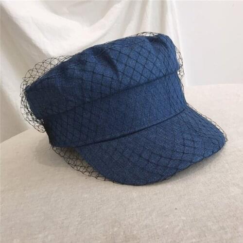 British Style Retro Denim Flat Beret Cap with Mesh Veil Women Girl Sun Protection Visor Button Painter Elegant Military Navy Hat