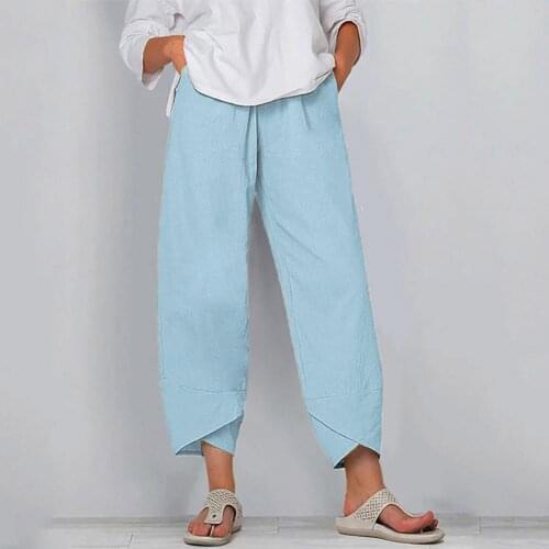 Pants For Women Casual Cotton Elastic Linen Wide Leg Capris Trousers Ladies Casual Loose Pockets Elastic Waist Pants