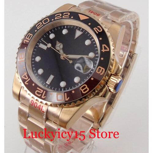 BLIGER NH35A MIYOTA 8215 Rose Gold Self Winding Men Watch Root Beer Insert Glide Lock Oyster Bracelet Sapphire Crystal