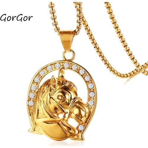 GorGor Simple Stainless Steel Rhinestone Horse Head Casting Gold Color Pendant Necklace for Fashion Men Jewelry Gift PN-1030G