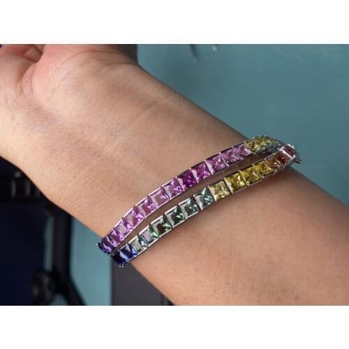 Pirmiana Hot Sale 4x4mm Square Rainbow Sapphire Bracelet Created Gemstone S925 Silver Fashion Jewelry for Christmas Party Gifts