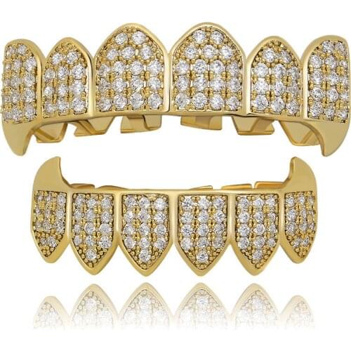 Hip Hop Grillz Iced Out AAA Zircon Fang Mouth Teeth Caps Top & Bottom Dental Grills Men Women Vampire Fang Teeth Party Jewelry