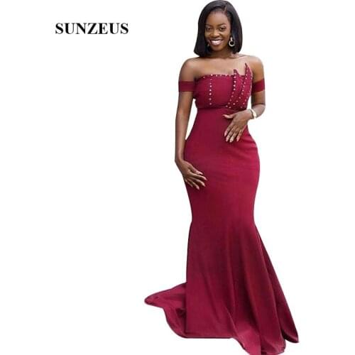 Wine Red Mermaid Wedding Bridesmaid Dresses Off Shoulder Boat Neck Long Wedding Guest Dress With Rhinestones