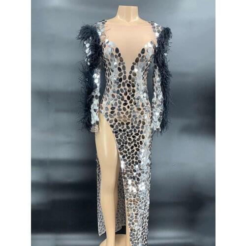 Flashing Mirror Dress For Women Singer Silver Stage Costume Long Sleeve Sexy High Slit Prom Long Dress Club Evening Show Clothes