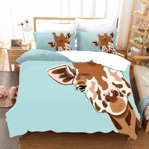 Animals 3D Luxury Cartoon Giraffe Duvet Cover Bedding Set Flat Bed Sheets Pillowcase King Queen Full Bedding Linen Poplin