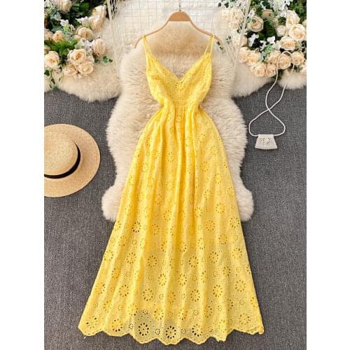 Sexy Hollow Out Spaghetti Strap Long Dress Summer Women Vintage High Waist Deep V-Neck Yellow/Pink/White Beach Robe 2021 New