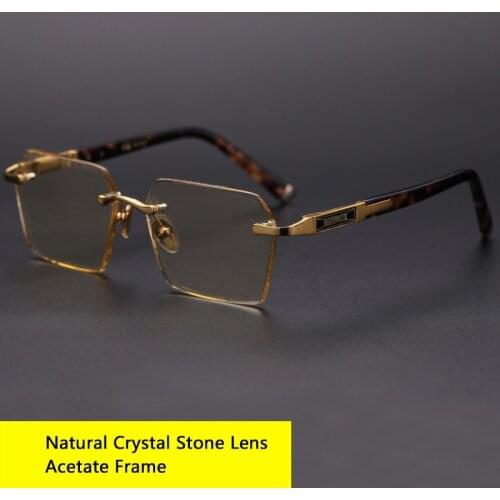 Vintage Acetate Rimless Glass Sunglasses Man Woman Luxury Natural Crystal Stone Lens Sun Glasses Anti Eye Dry Scratch UV400