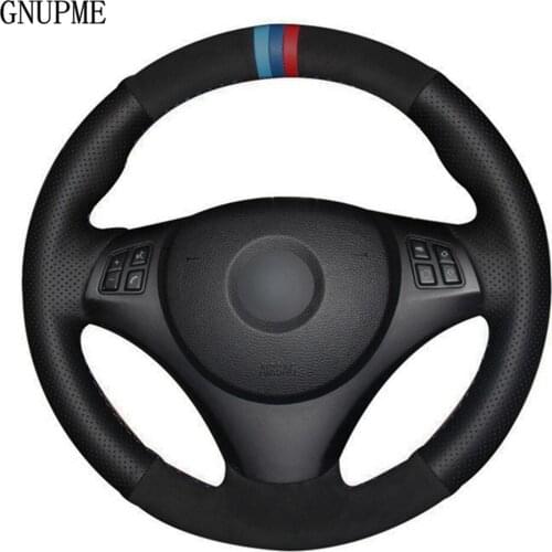 DIY Hand stitched Black Suede Black Genuine Leather Car Steering Wheel Cover For BMW E90 320i 325i 330i 335i E87 120i 130i 120d