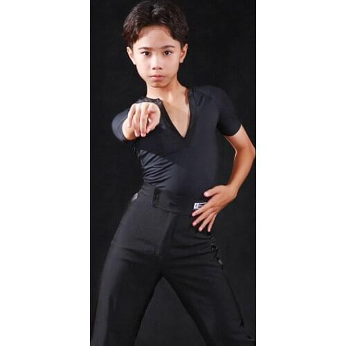 Latin Dance Top Boys Sexy V-Neck Shirt Black Short Sleeved Tops Kids Latin Dance Competition Costumes Latin Dance Wear DQS5226