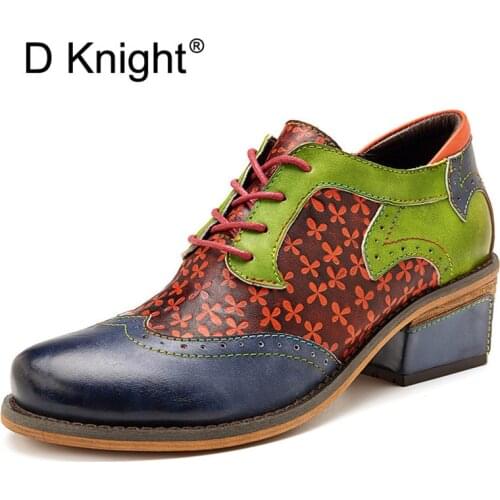 High Quality Women oxfords Flats Platform shoes Genuine Leather lace up round toe Creeper color block Brogue Loafers Brand shoes