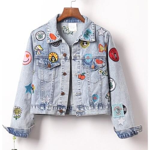 PERHAPS U Women Blue Denim Jacket Turn Down Collar Long Sleeve Single-breasted Short Jacket Cute Cartoon Embroidery C0491