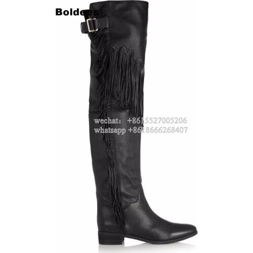Fashion Black Brown High Quality PU Leather Over The Kness Boot Women Gladiator Designer Low Heeled Fringe Winter Long Boots