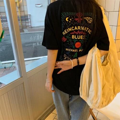 Womens T-shirts Tops Japanese Kawaii Ulzzang Vintage Graffiti Print Loose Tshirt Female Korean Harajuku Clothes For Women