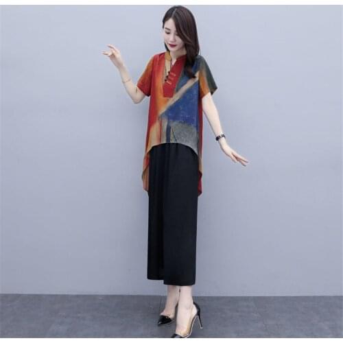 Summer Elegant two-piece set Women Short Sleeve Tops+High Waist Wide Leg Pants Sets Large Size Lady Trouser Suits