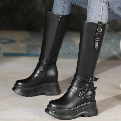 Thigh High Punk Creepers Women Genuine Leather Chunky High Heels Motorcycle Boots Female Round Toe Platform Pumps Casual Shoes