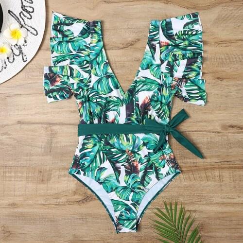 Plus Size Womens Swimsuit Sexy Pinted Ruffle Bow Bikini Set Ono-piece Swimwear Beachwear Swimming Beach Suit Biquini 2021