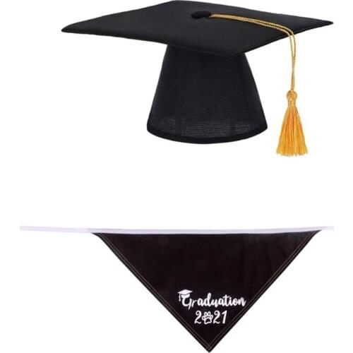 E7CB 2 Pcs Set Pet Graduation Cap Dog Decoration Photography Party Cosplay Hat With Yellow Tessel And Triangle Scarf Pet Grad