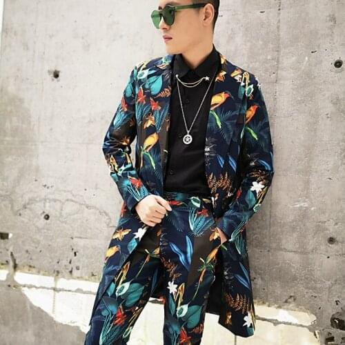 2pcs (jacket+pant) Male Long Slim Fit Blazer Men Fashion Casual Flower Suits Sets Nightclub Stage Show Singer Dj Costume Jacket