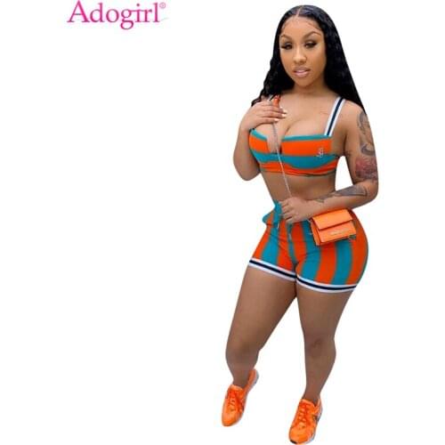 Adogirl Women Stripe Two Piece Set Strapless Spaghetti Straps Crop Top Shorts Fitness Tracksuit Summer Casual Sexy Suit