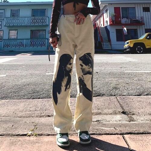 Gothic Vitnage Portrait Print Corduroy Pants Women Harajuku High Waist Straight Trousers Streetwear Y2K Grunge Cargo Joggers