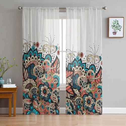 Mandala Flower Wood Grain Sheer Window Curtains for Living Room Bedroom Modern Tulle Curtains Fabric Drapes