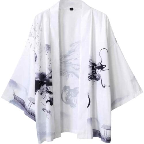 Japanese Style Samurai Kimono Shirts Cardigan Men Ink Painting Style Print Cardigan Female Yukata Harajuku Anime Robe Kimono