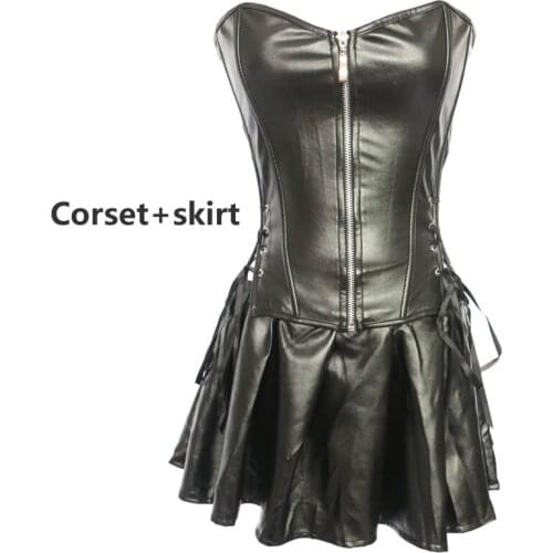 Fiber Win Zipper Up Women Corsets Bustiers Sexy Dress Slimming Body Shapewear Faux Leather Corset Top With Mini Skirt 3pcs Suits