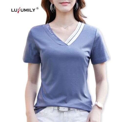 Lusumily Combed Cotton T shirt Women Solid V-neck Tshirt Lady Soft Comfortable Causal Short Sleeve T-shirt Female Tops for Woman
