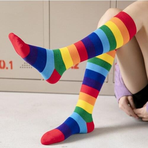 Womens stockings rainbow calf knee length striped fashion stockings Japanese high-tube candy color cotton recommended