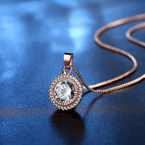Rose Gold Silver Color CZ Pendant Necklaces The Wheel of Sun Round Crystal Jewelry Accessory For Woman Females Wedding Party