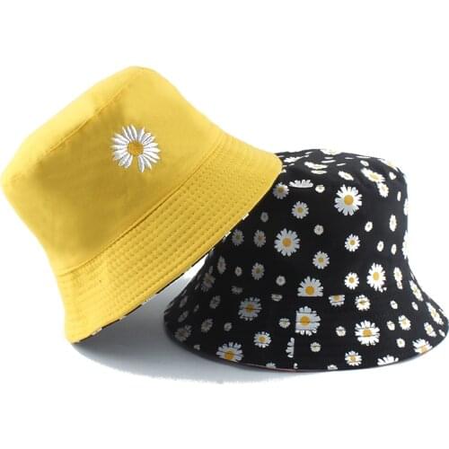 Summer Daisies Bucket Hat Women Fashion Cotton Beach Sun Hats Reversible Bob chapeau Femme Floral Panama Hat Fisherman Hat