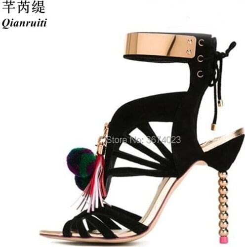 Qianruiti Chic Shoes Summer Gladiator Cages Fringes Sandals Women Pom Pom Stilettos Metal Ankle Wrap Sandals String Bead Heels