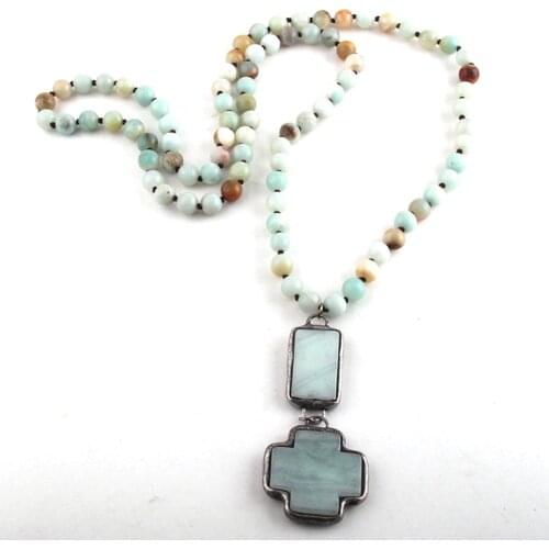 MD Fashion Beaded Jewelry Stone Bead Long Knotted Cross Pendant Necklaces For Women