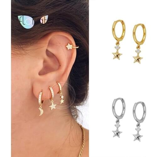 925 Sterling Silver New Hoop Earring For Women Star Pendant Earrings Gold Silver Color Small Huggie Hoop Earring Gifts