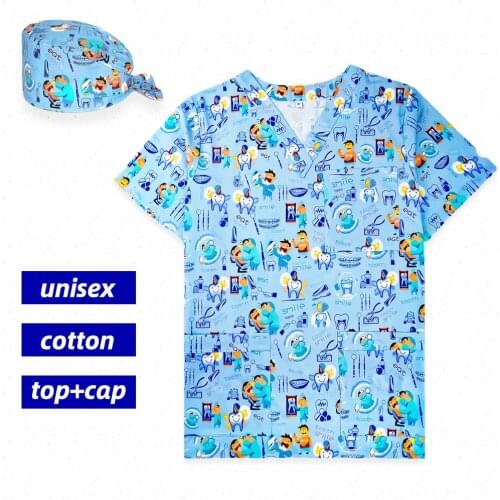 XXS-4XL Nurse Working Scrub Top Unifrom Cap Cartoon Printed Uniforms Tops Caps For surgeon,Physician