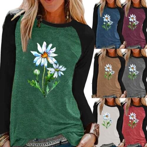 Women Clothing Autumn Fashion Floral Printing Round Neck Pullover Top Long Sleeve Loose T-shirt Casual Top Plus Size