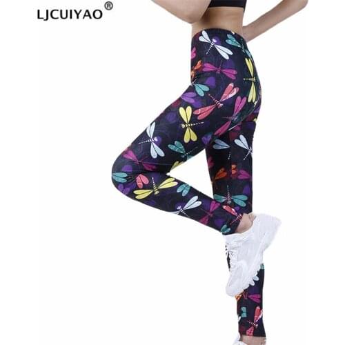 LJCUIYAO Push Up Leggings Women High Waist Tights Sport Yoga Pants Gym Exercise Fitness Running Color Dragonfly Pattern Trousers