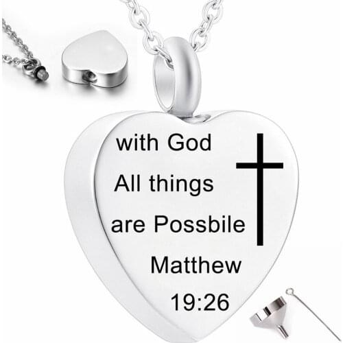 Women/Men Christian Jewelry Cross Heart Pendant Urn Necklace Cremation Jewelry for Ashes- with God All Things are Possible