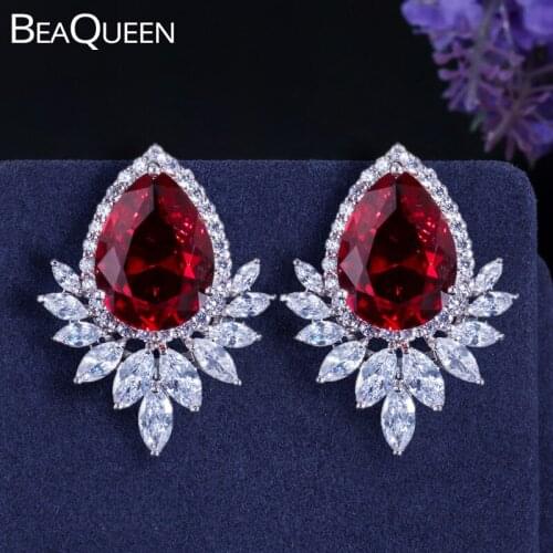 BeaQueen Gorgeous Big Rose Red Cubic Zirconia Water Drop Stone Women Stud Earrings Fashion Jewelry for Evening Party E042