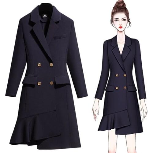 Double Breasted Blazer Dress 2021 Spring Autumn Women Elegant Long Sleeve Notched Midi Dresses Suit Office Lady Work OL Clothes