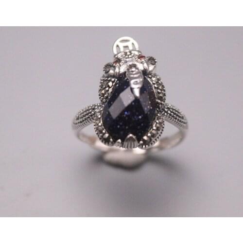 Solid S925 Sterling Silver Ring Women Luck Blue Sandstone Pixiu Ring 21mmW US7 Fine Jewelry