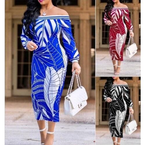 Dresses for Women 2021 Off Shoulder Sexy Leaf Print Dresses Spring Autumn Slash Neck Slim Boho Long Dress Women Floral Dress