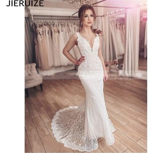JIERUIZE Modest Mermaid Wedding Dresses Deep V Neck With Appliques Lace Up Back Trumpet Women Bride Dresses vestido de noiva