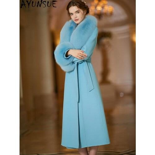 Winter Coat Female Elegant 100% Wool Jacket Women Clothes 2020 Korean Vintage Fit Long Fox Fur Collar Belt Woolen Jackets 19D006